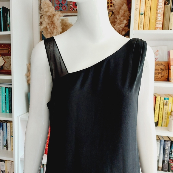 Eileen Fisher 100% Silk Georgette Crepe Asymmetrical Neck Sleeveless Dress - Picture 3 of 9